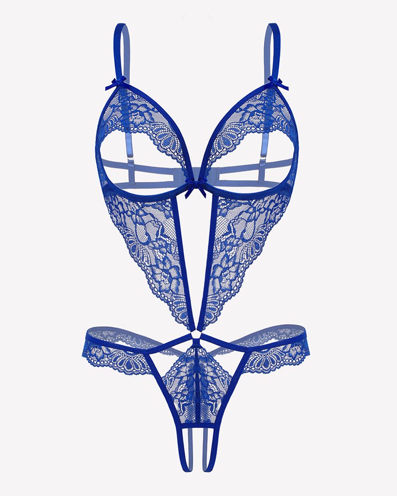 Royal blue lace teddy bodysuit with deep V cups and thong-style bottom