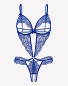 Royal blue lace teddy bodysuit with deep V cups and thong-style bottom