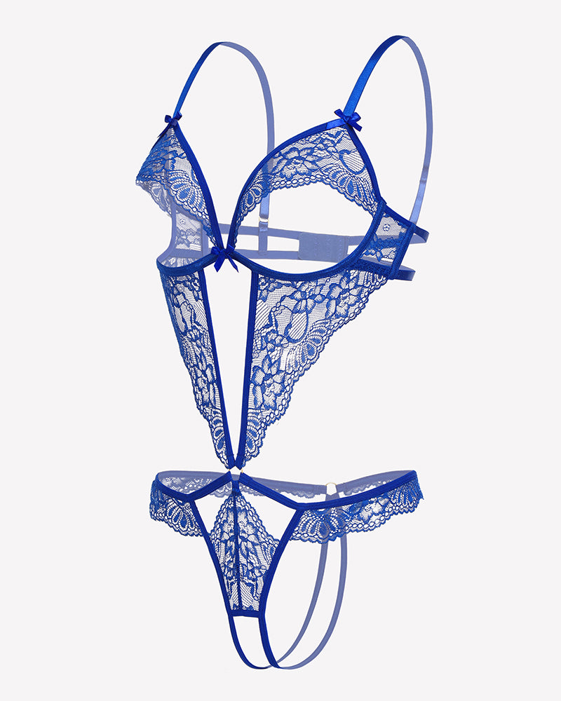 Blue lace deep V teddy with underwire cups and crisscross front straps, thong bottom