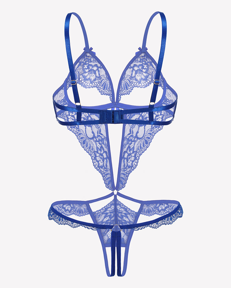 Blue lace deep V teddy with underwire cups, cross-front ribbon detail, thong