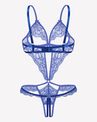 Blue lace deep V teddy with underwire cups, cross-front ribbon detail, thong