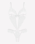 White lace deep V teddy with underwire cups, strappy center front, and thong bottom