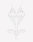 White lace deep V teddy with underwire cups and lace thong bottom