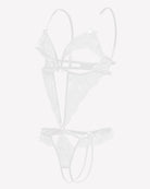 White lace deep V teddy with underwire cups and lace thong bottom, strappy sides