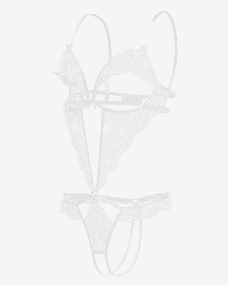 White lace deep V teddy with underwire cups and lace thong bottom, strappy sides