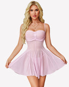 Pink mesh babydoll dress with draped pleats and sweetheart bodice