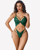Green lace deep V teddy bodysuit with cutout and thin adjustable straps