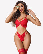 Red lace deep V teddy bodysuit with cutout front and matching lace hip band