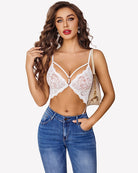 White lace deep V teddy bodysuit with cutout detail and thin adjustable straps