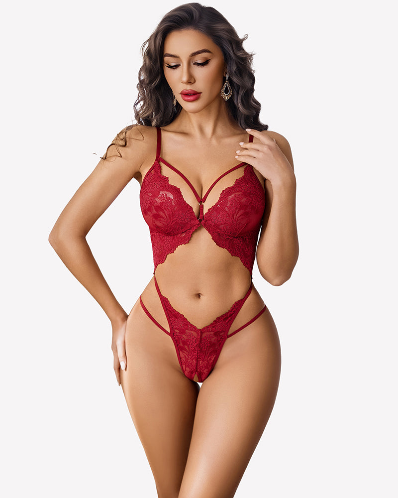 Red lace deep V teddy bodysuit with cutout front and strappy thong back