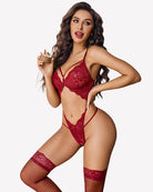 Wine red lace deep V teddy bodysuit with cutout front and matching garter bands