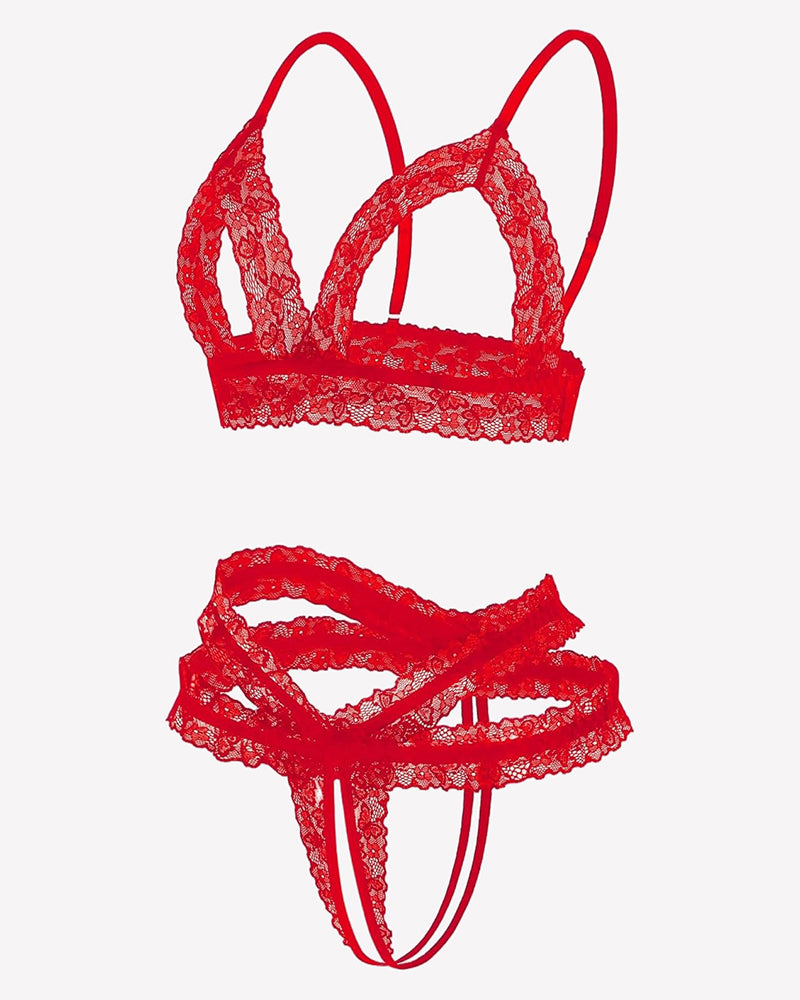 Red lace cutout wireless bra and thong set with scalloped trim and strappy cutouts