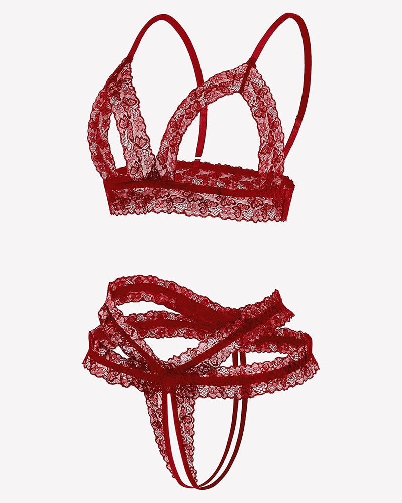 Burgundy lace cutout wireless bra and thong set with scalloped trim and cutout panels