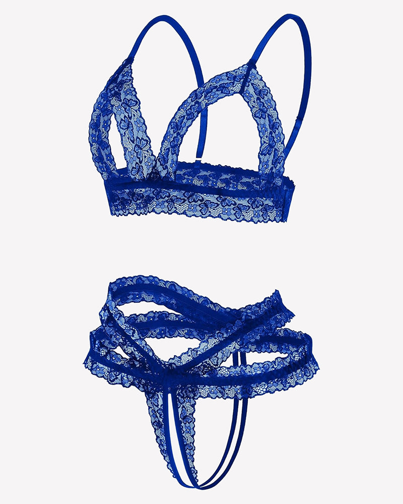 Blue lace cutout wireless bra and thong set, scalloped edges and keyhole cutouts