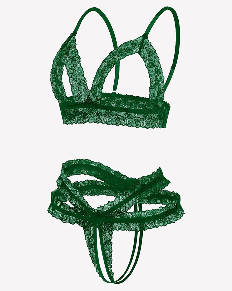 Green lace cutout wireless bra and thong set with scalloped edges and strappy details