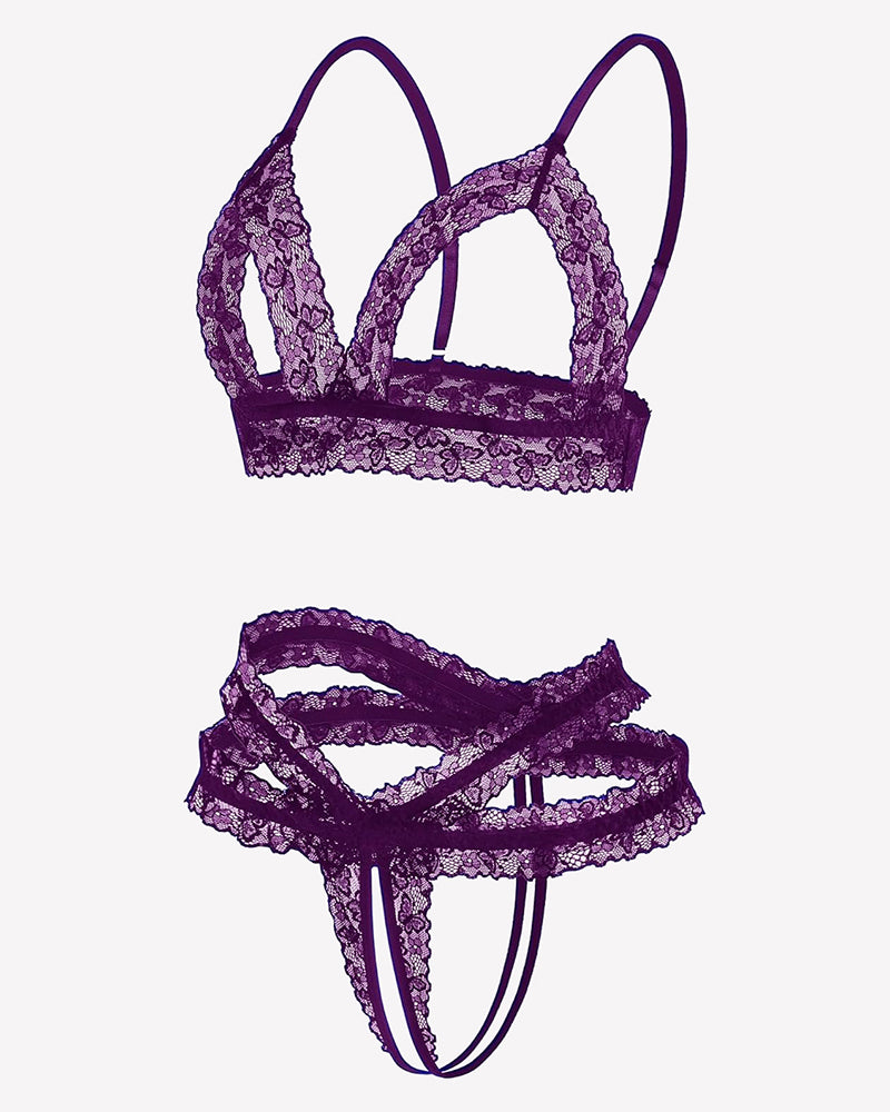 Purple lace cutout wireless bra and thong set with scalloped trim and cutout front