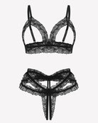 Black lace cutout wireless bra and thong set, front view with scalloped lace trim