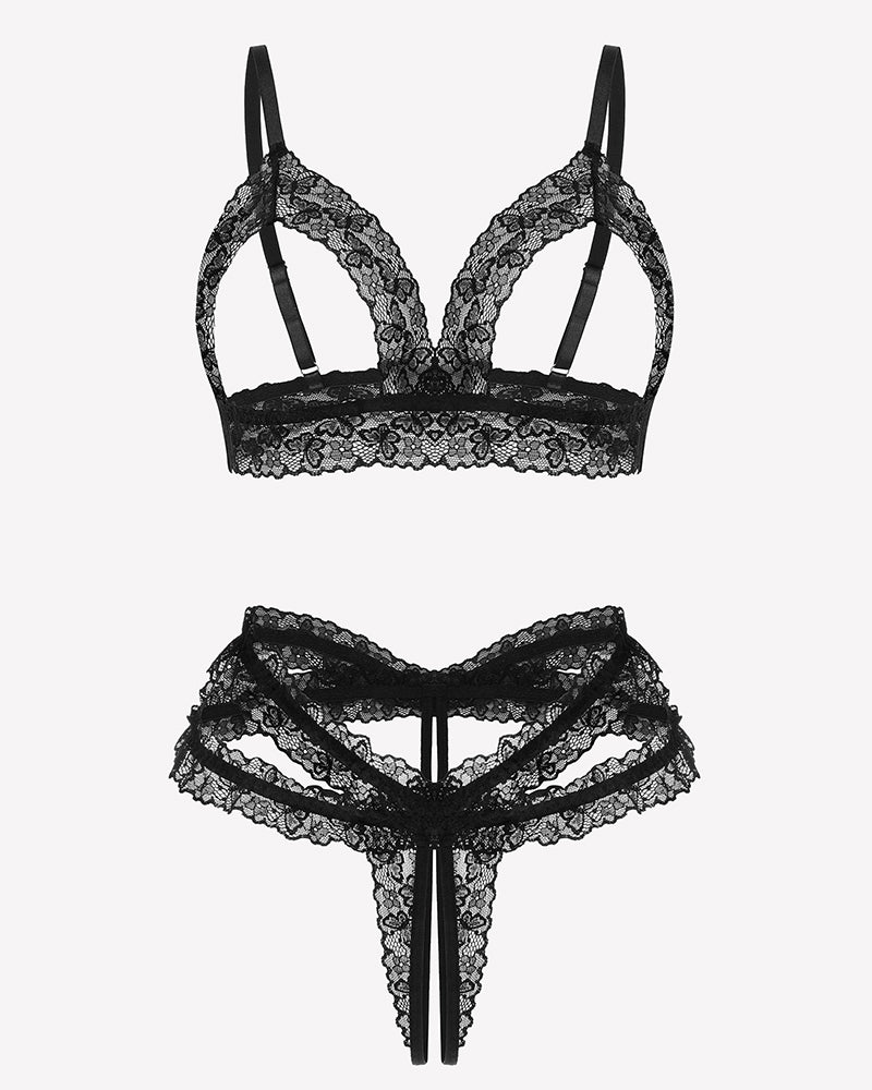Black lace cutout wireless bra and thong set, front view with scalloped lace trim