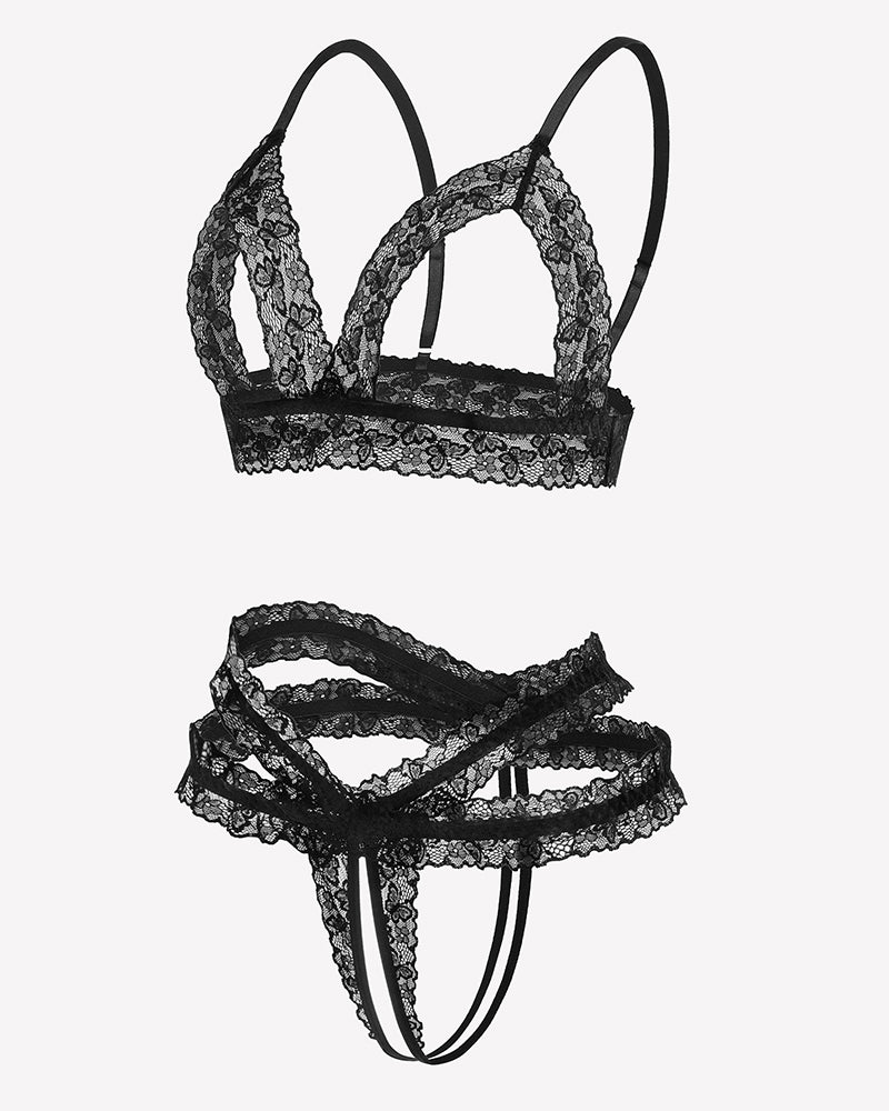 Black lace cutout wireless bra and thong set, flat lay showing lace patterns and cutouts