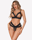 Black lace cutout wireless bra and thong set with scalloped trim
