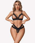 Black lace cutout wireless bra and thong set, adjustable straps and scalloped edges