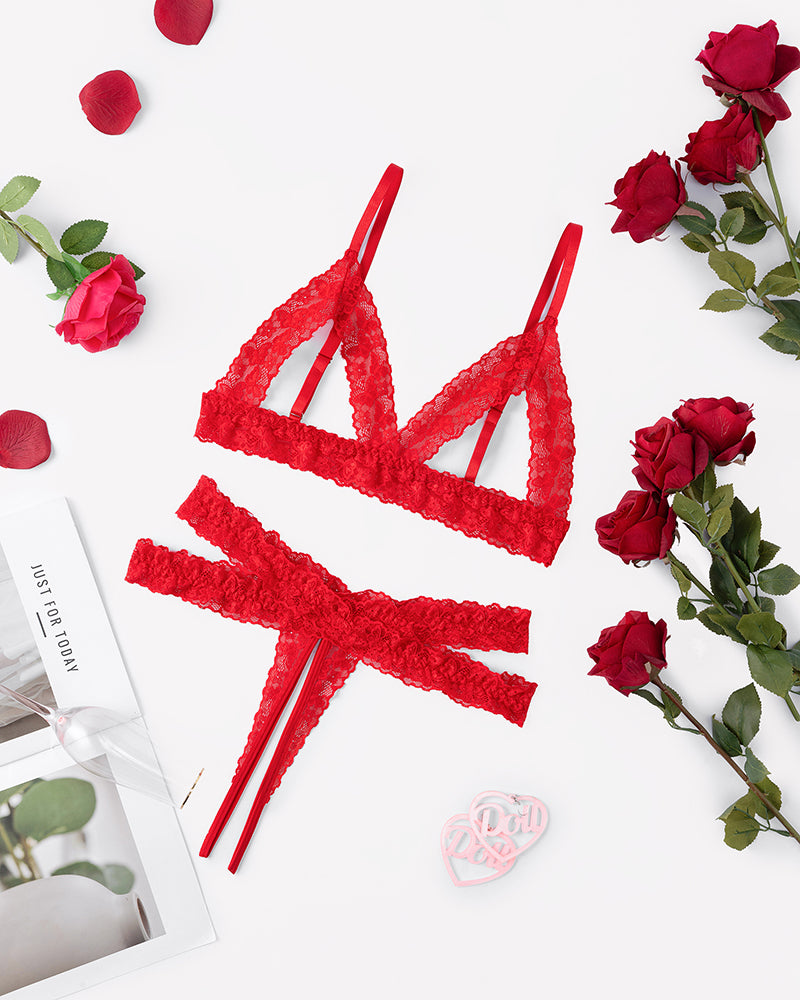 Red cutout lace wireless bra and panty set, strappy bralette and thong