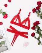 Red cutout lace wireless bra and panty set, strappy bralette and thong