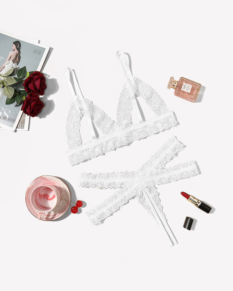 White lace cutout wireless bra and panty set, bralette and thong