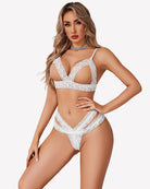 White cutout lace wireless bra and panty set, deep V bralette and thong