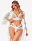 White cutout lace wireless bra and panty set, bralette with lace trim and thong