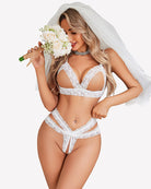 White cutout lace wireless bra and panty set, lace bralette and thong