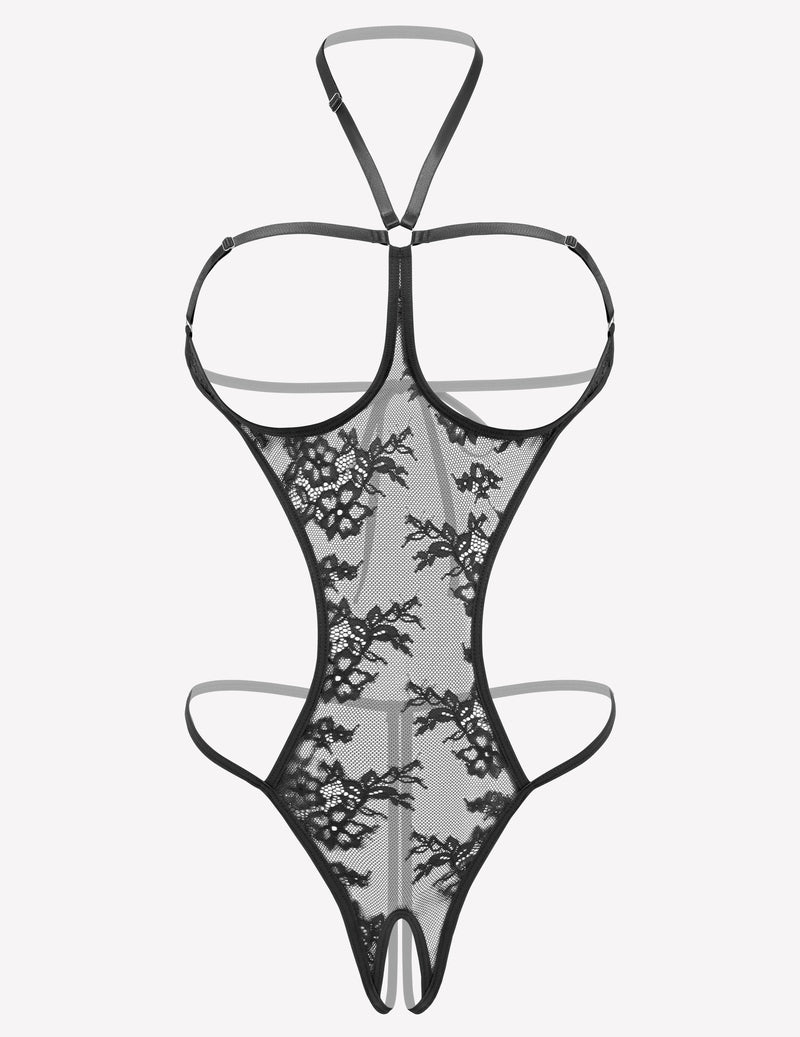 Black lace halter thong bodysuit teddy nightie with floral embroidery and cutouts