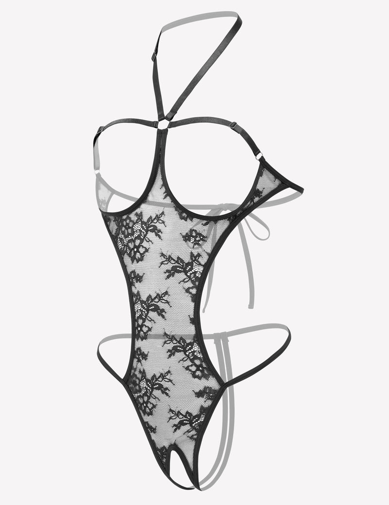Black lace halter teddy nightie thong bodysuit with bow-tie shoulder straps