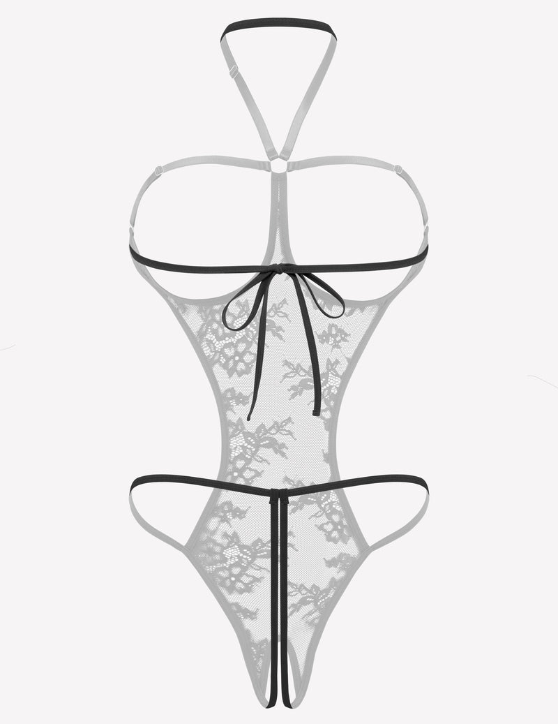 White lace halter thong bodysuit teddy nightie with bow ties and floral embroidery