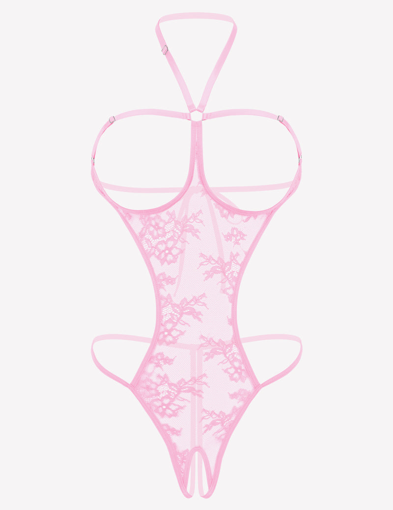 Pink lace halter teddy with sheer mesh, open cups, and thong back