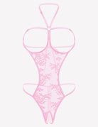 Pink lace halter teddy with sheer mesh, open cups, and thong back