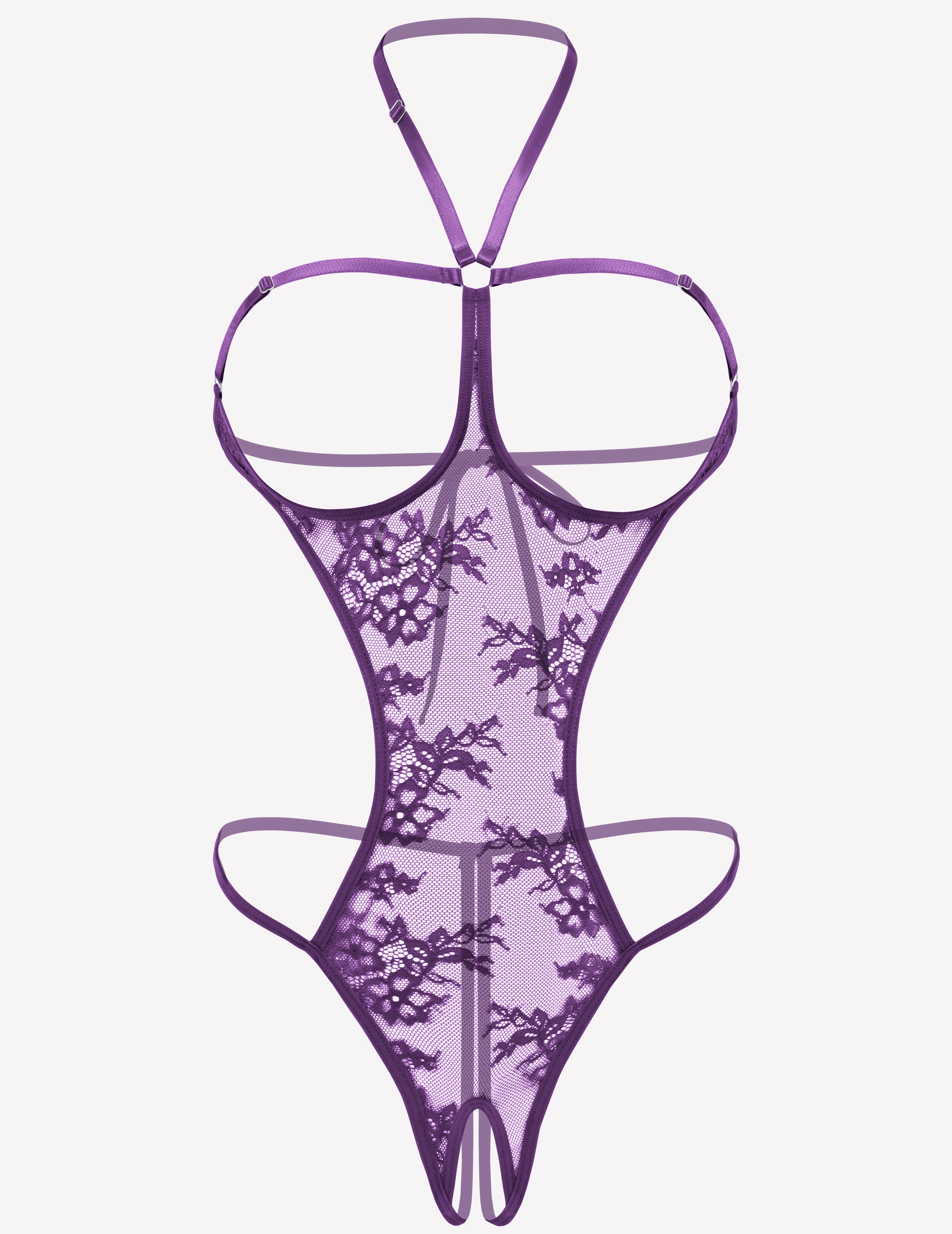 Purple lace halter teddy with sheer mesh, open cups, and thong back