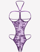 Purple lace halter teddy with sheer mesh, open cups, and thong back