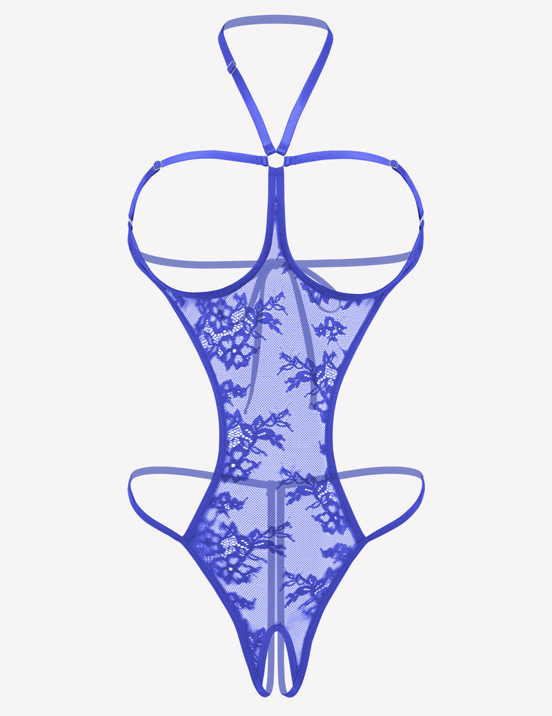 Blue lace halter teddy with sheer mesh, open cups, and thong back