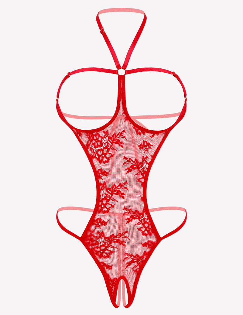 Red lace halter thong bodysuit teddy nightie with floral embroidery and open straps
