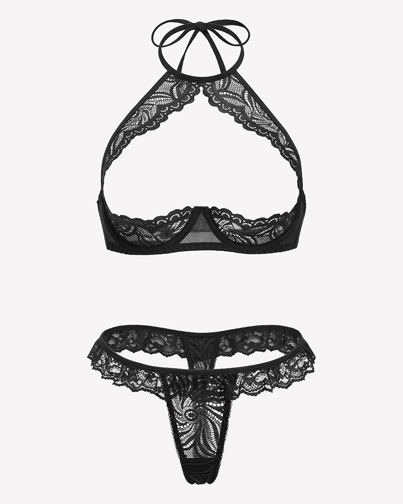 Black lace halter bra and thong set, flat lay with lace trim