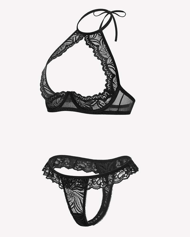 Black lace halter bra and thong set, flat lay with tie straps