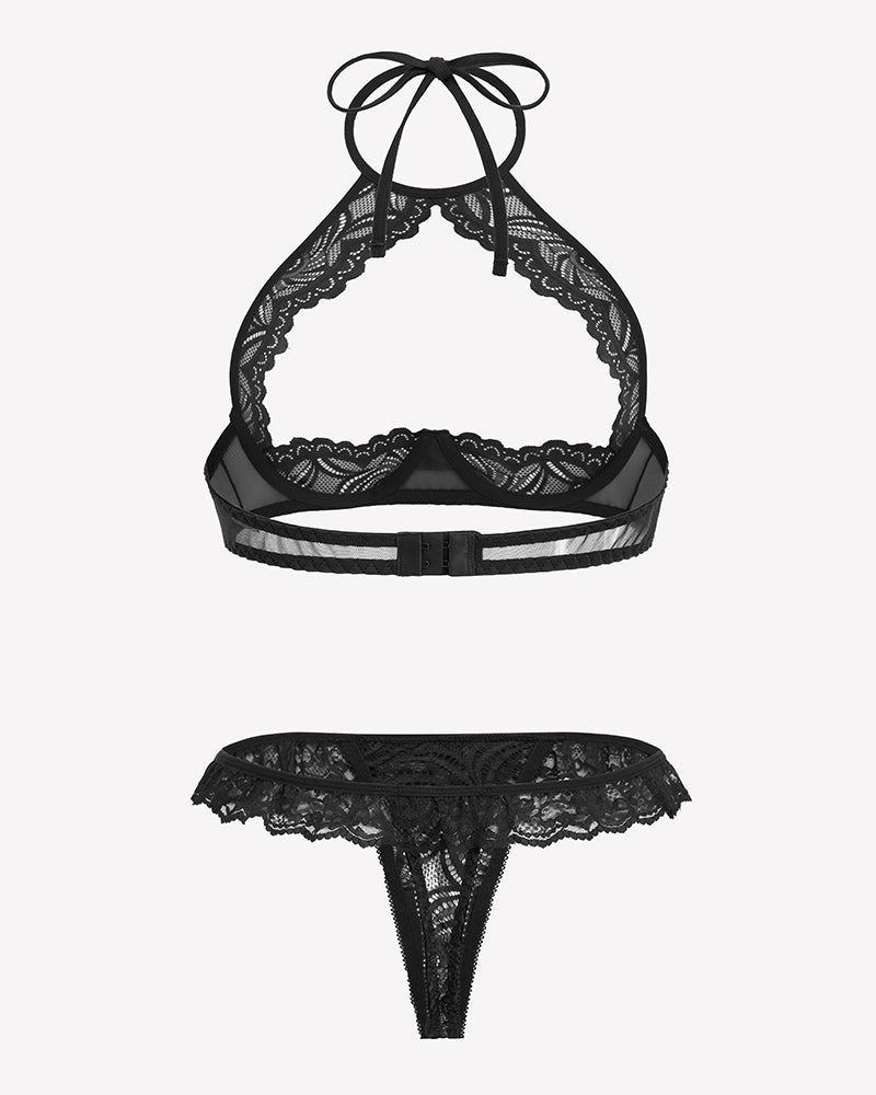Black lace halter bra and thong set, flat lay with wide underband