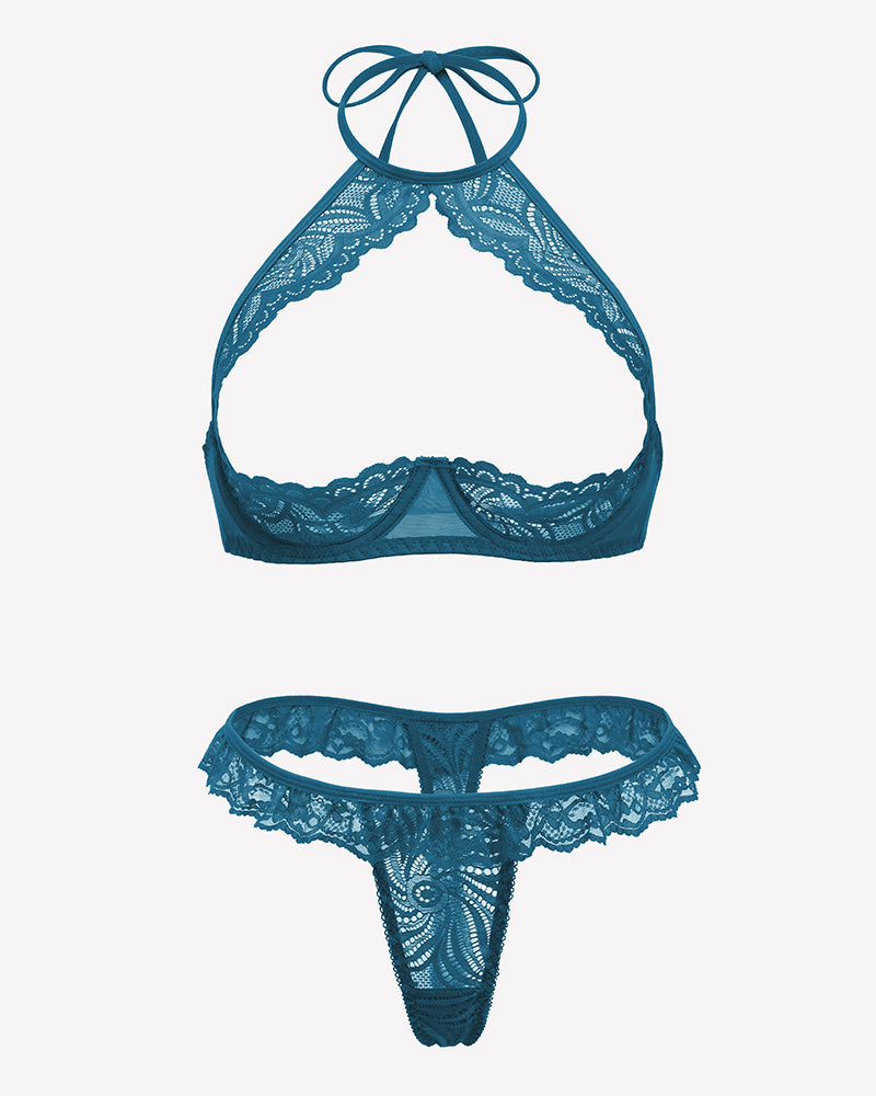 Blue lace halter bra and thong set, flat lay with tie neck straps
