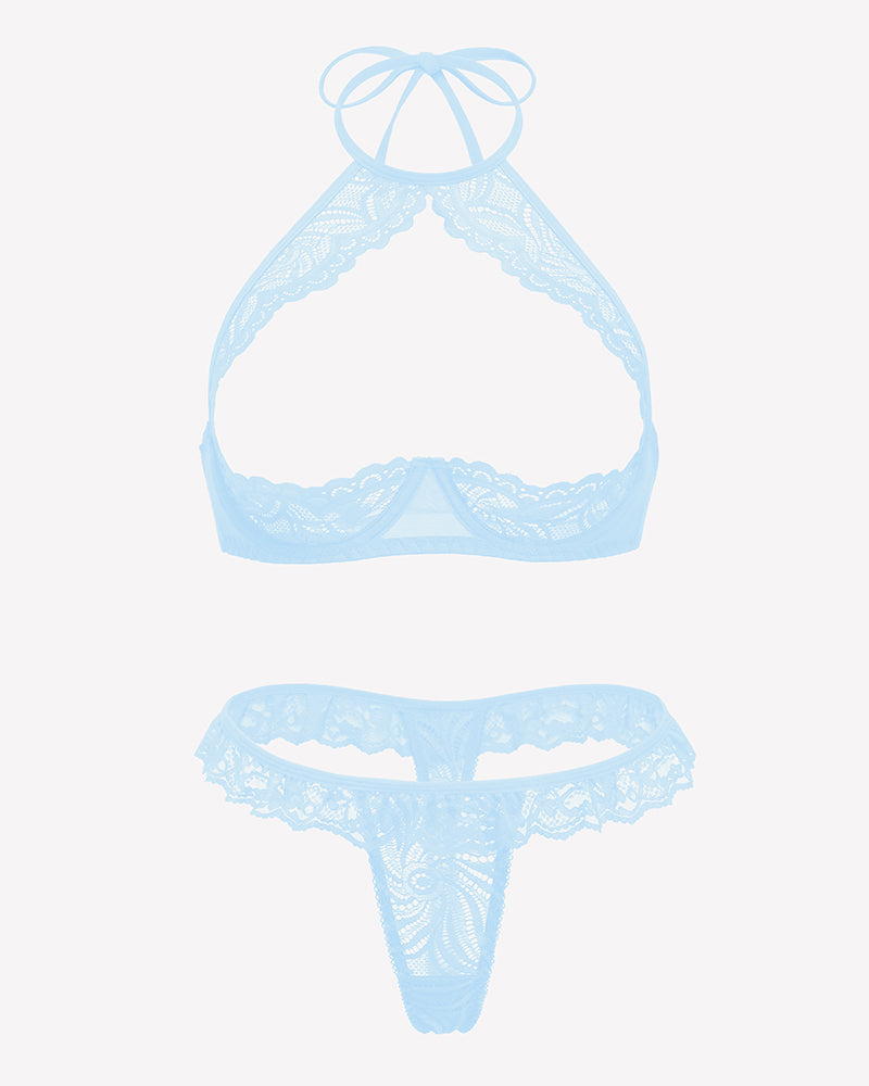 Floral lace sheer lingerie set in light blue, triangle halter bra and matching thong set