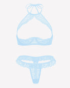 Floral lace sheer lingerie set in light blue, triangle halter bra and matching thong set