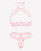 Floral lace sheer lingerie set in pink, triangle halter bra and matching thong (flat lay)