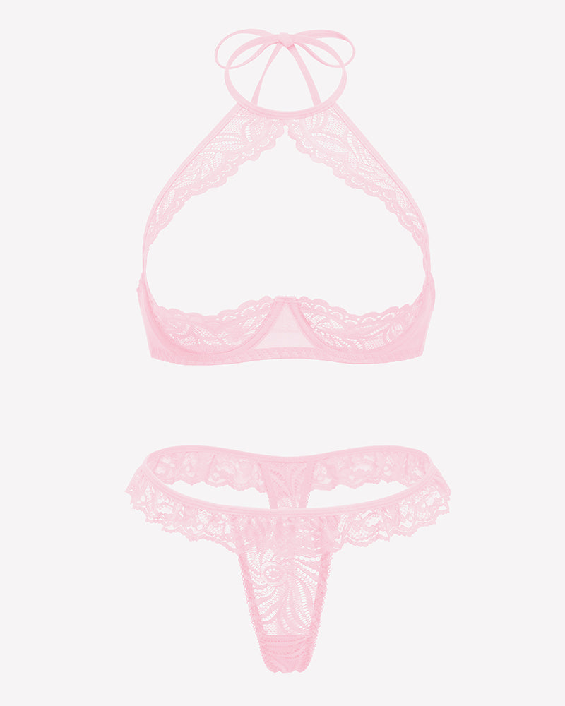Floral lace sheer lingerie set in pink, triangle halter bra and matching thong (flat lay)