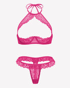 Floral lace sheer lingerie set in magenta pink, triangle halter bra and matching thong