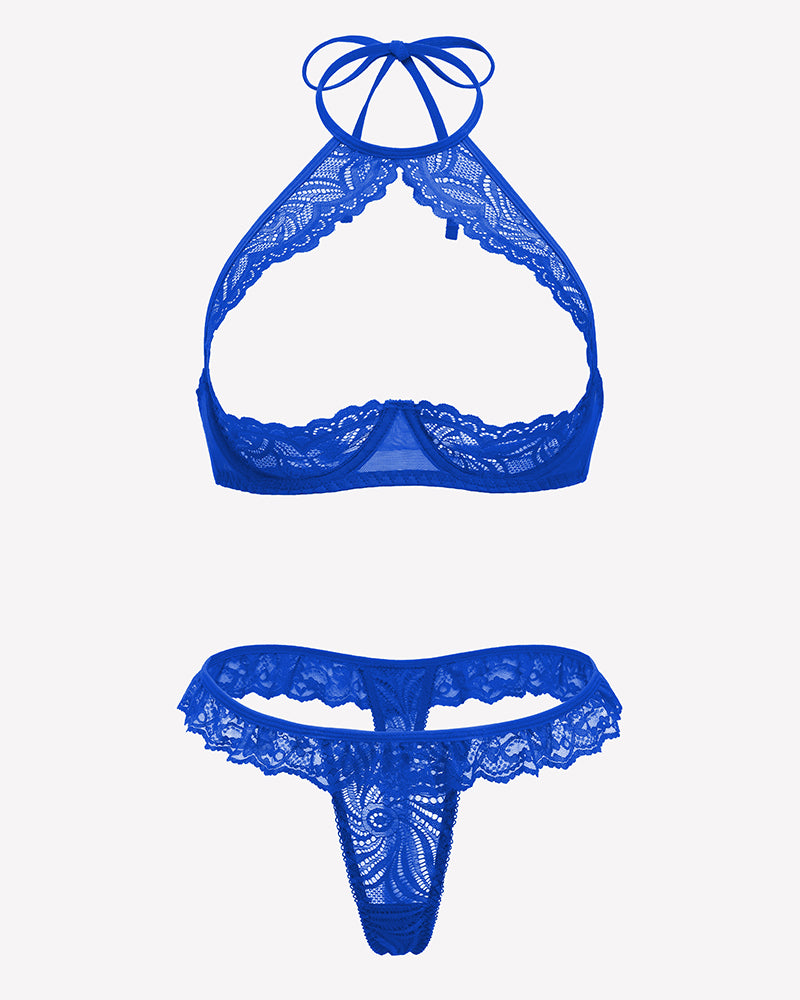 Floral lace halter bra top and thong, blue sheer lace lingerie set (flat lay)